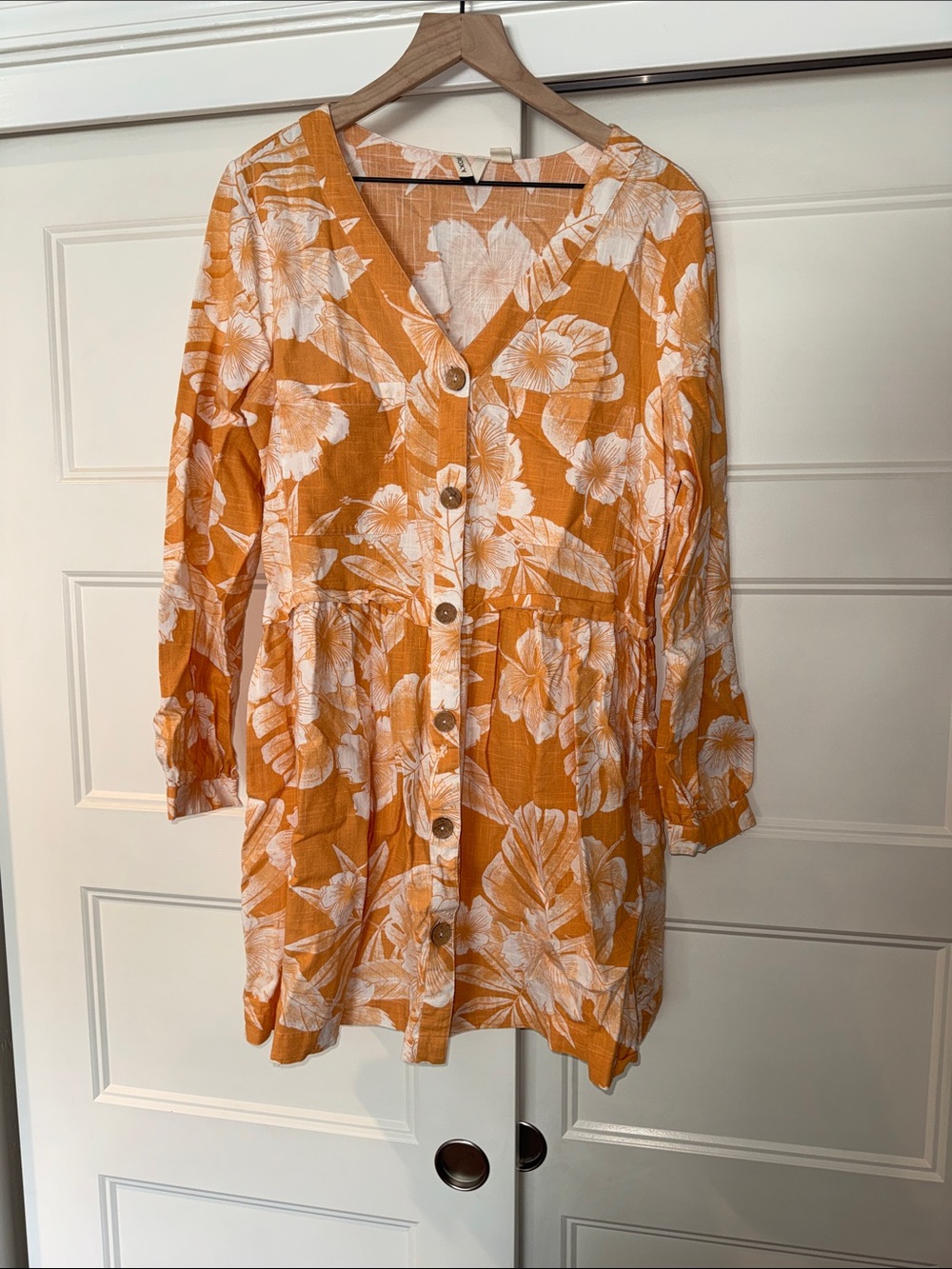 Roxy Button-Front Long Sleeve Floral Dress in Orange and White